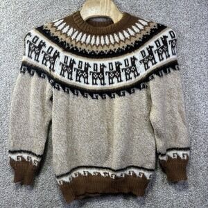 Lucy Iburg Sweater Womens Large Beige Alpaca Llama Fair Isle Knit Pullover Peru